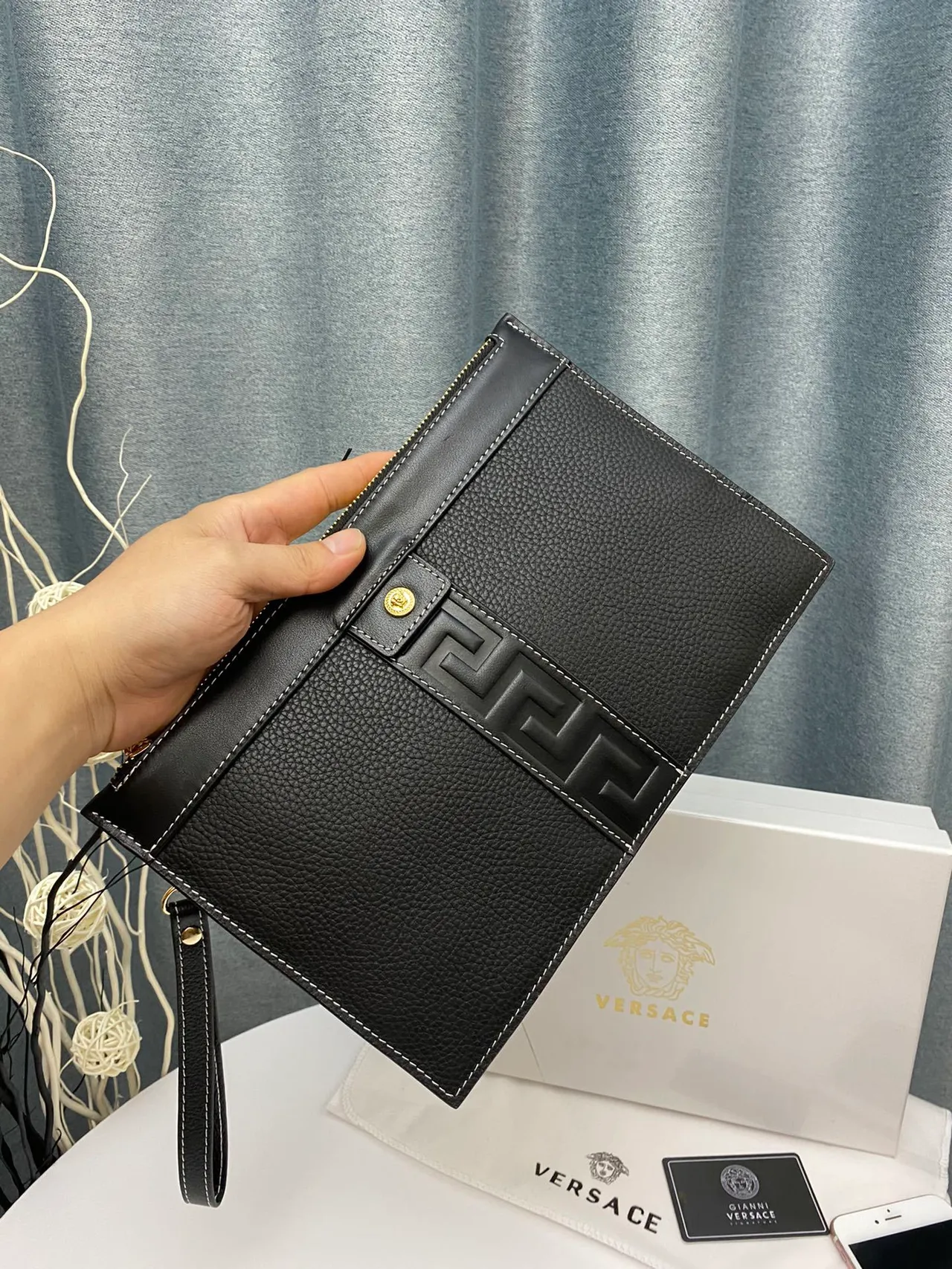 Versace Greca Odissea Black Pebbled Leather Wristlet 7