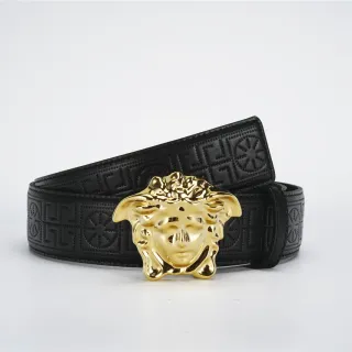 Versace Medusa काला सोना उभरा Greca पैटर्न चमकदार सिर बक़ल चमड़े की बेल्ट