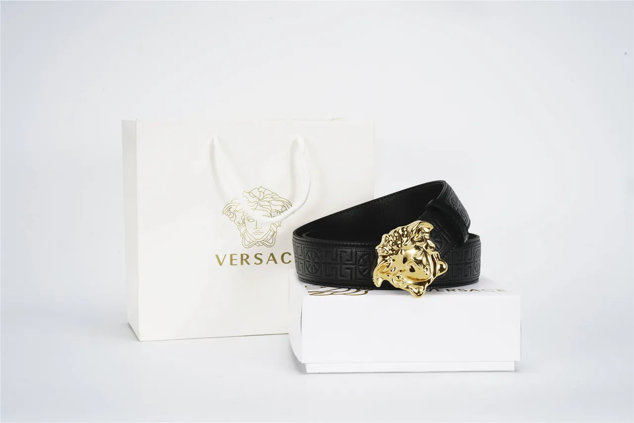 Versace Medusa Belt Black Gold Embossed Greca Pattern Polished Head Buckle Leather Belt 4