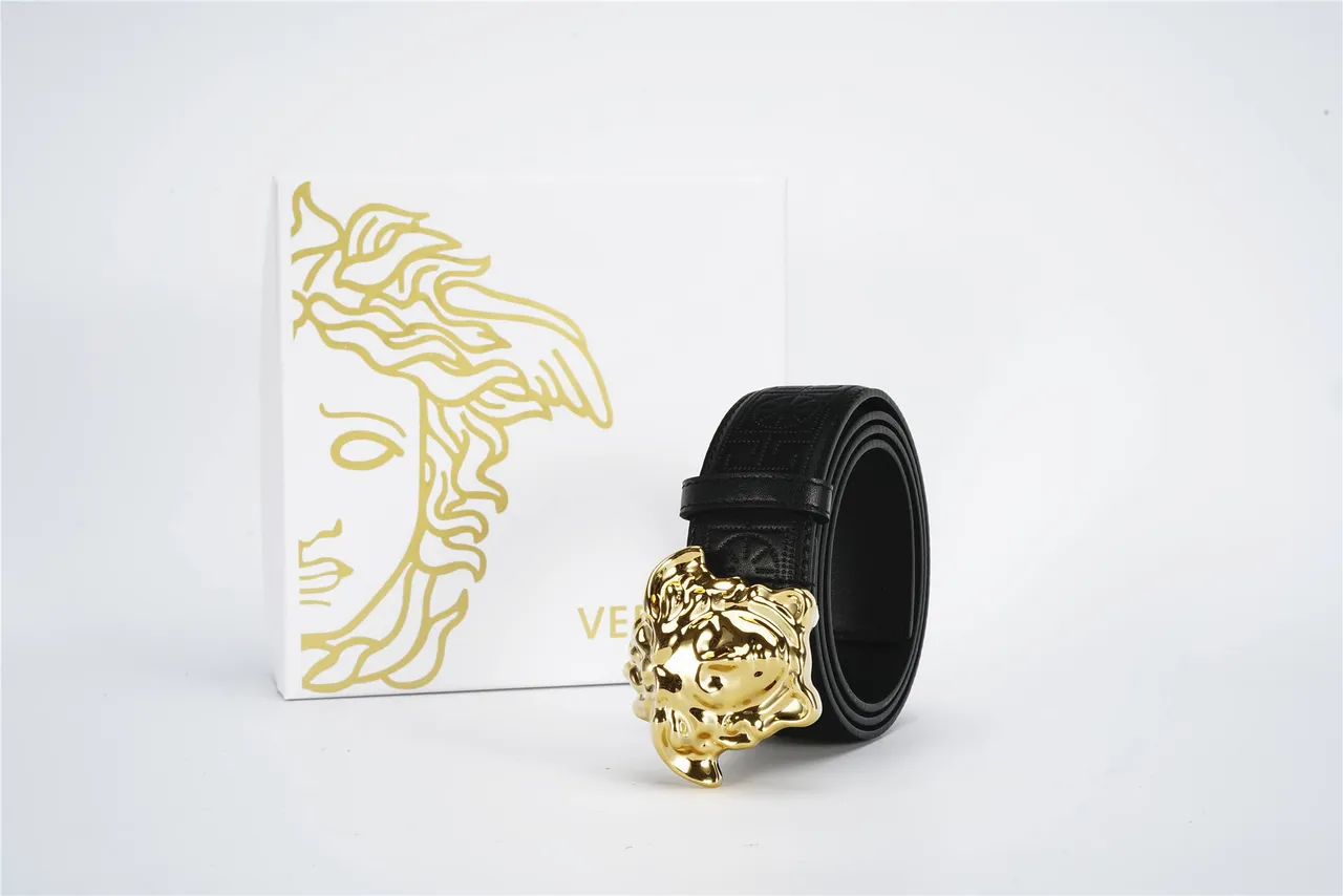 Versace Medusa Belt Black Gold Embossed Greca Pattern Polished Head Buckle Leather Belt 5