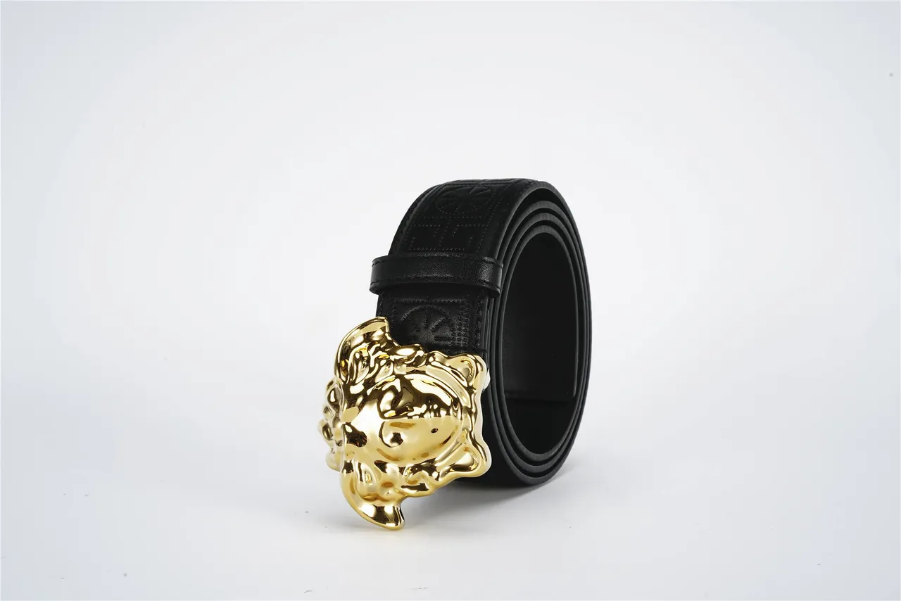 Versace Medusa Belt Black Gold Embossed Greca Pattern Polished Head Buckle Leather Belt 6