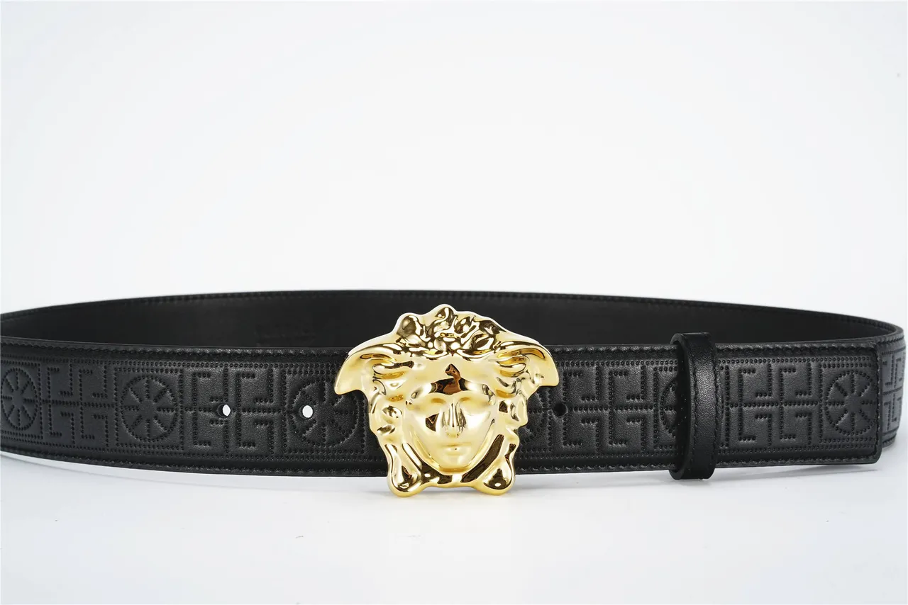 Versace Medusa Belt Black Gold Embossed Greca Pattern Polished Head Buckle Leather Belt 8