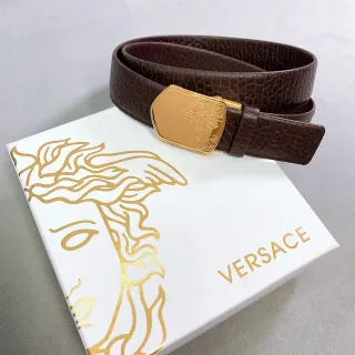 Versace Medusa Brown Gold Textured Croc-Embossed Plaque Buckle Leather Belt