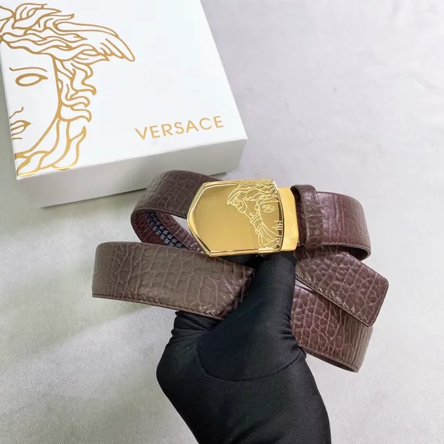 Versace Medusa بني ذهبي مصقول تموج التماسيح لوحة مشبك حزام جلد 3