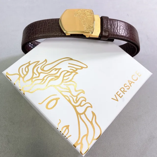 Versace Medusa بني ذهبي مصقول تموج التماسيح لوحة مشبك حزام جلد 4