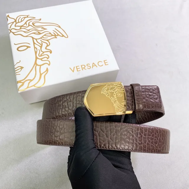 Versace Medusa بني ذهبي مصقول تموج التماسيح لوحة مشبك حزام جلد 5
