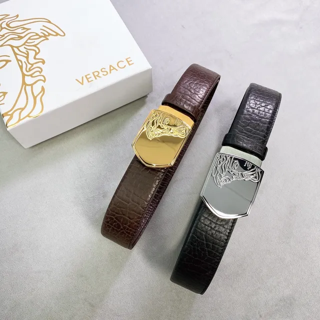 Versace Medusa بني ذهبي مصقول تموج التماسيح لوحة مشبك حزام جلد 6