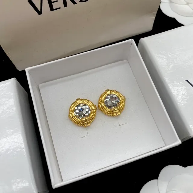 Versace Medusa Brincos Stud Ouro Transparente Bisel Acanalado Cristal Facetado Centro 3