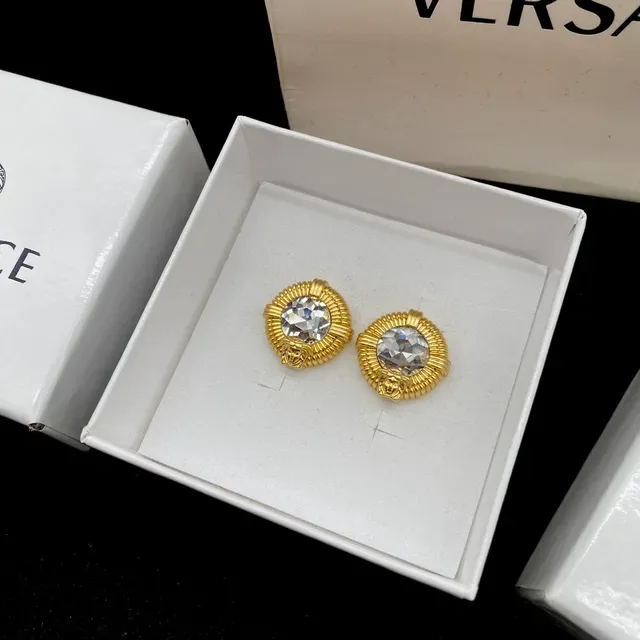 Versace Medusa Brincos Stud Ouro Transparente Bisel Acanalado Cristal Facetado Centro 4