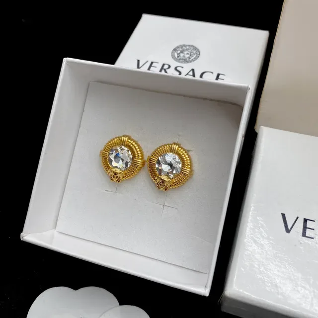 Versace Medusa Brincos Stud Ouro Transparente Bisel Acanalado Cristal Facetado Centro 5