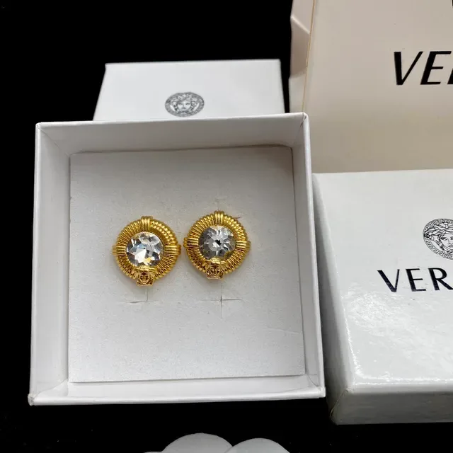 Versace Medusa Brincos Stud Ouro Transparente Bisel Acanalado Cristal Facetado Centro 6