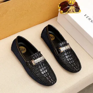 Versace Odissea 黑海军鳄鱼压纹皮革织纹面料鞋底乐福鞋