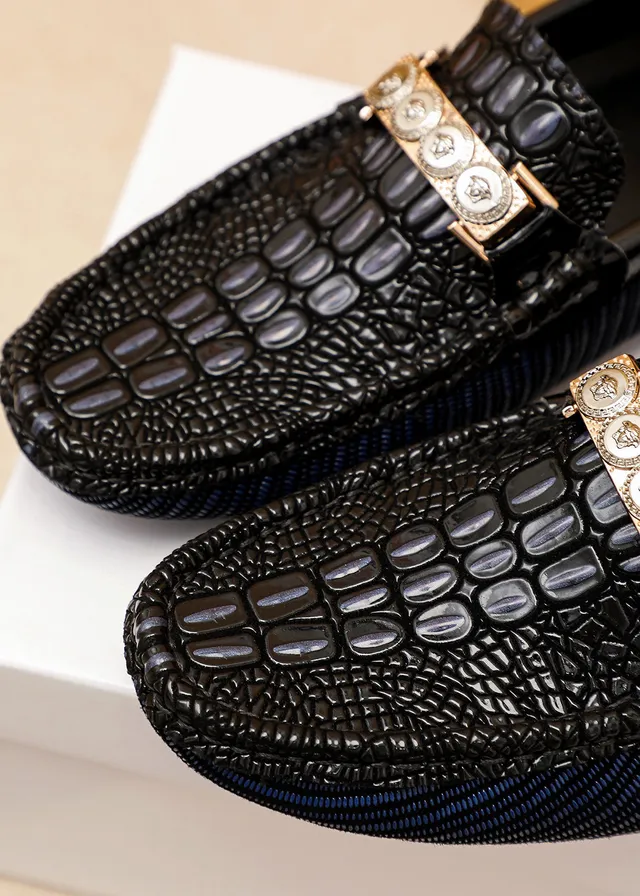 Versace Odissea 黑海军鳄鱼压纹皮革织纹面料鞋底乐福鞋 5