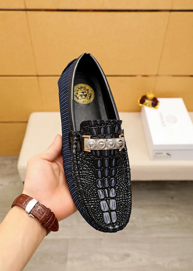 Versace Odissea 黑海军鳄鱼压纹皮革织纹面料鞋底乐福鞋 7