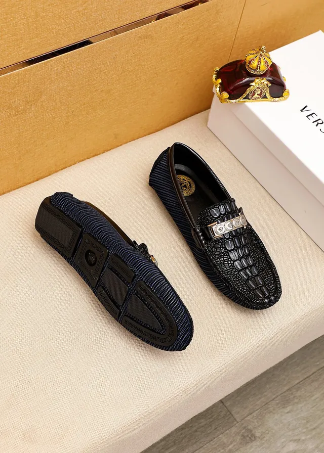 Versace Odissea 黑海军鳄鱼压纹皮革织纹面料鞋底乐福鞋 9