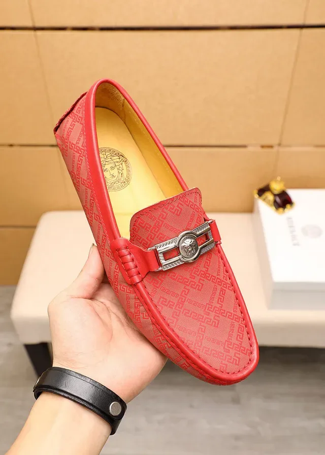 Versace Red Gold Leather Greca Monogram Pattern Loafer 7