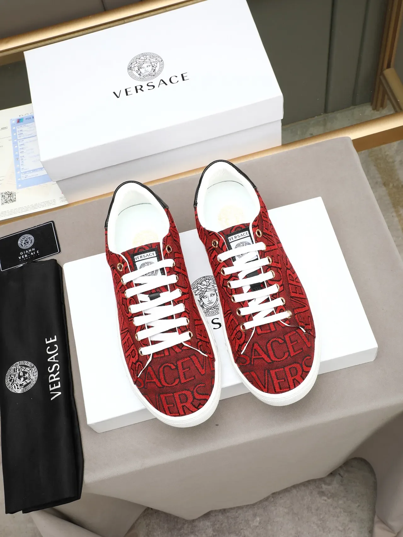 Versace Red White Monogrammed Textile Upper Greek Key Sole Pattern Lifestyle Sneakers 2