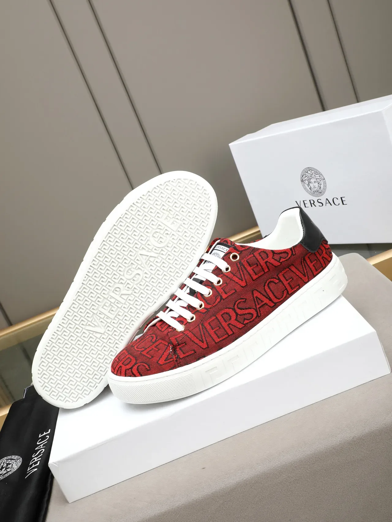 Versace Red White Monogrammed Textile Upper Greek Key Sole Pattern Lifestyle Sneakers 3