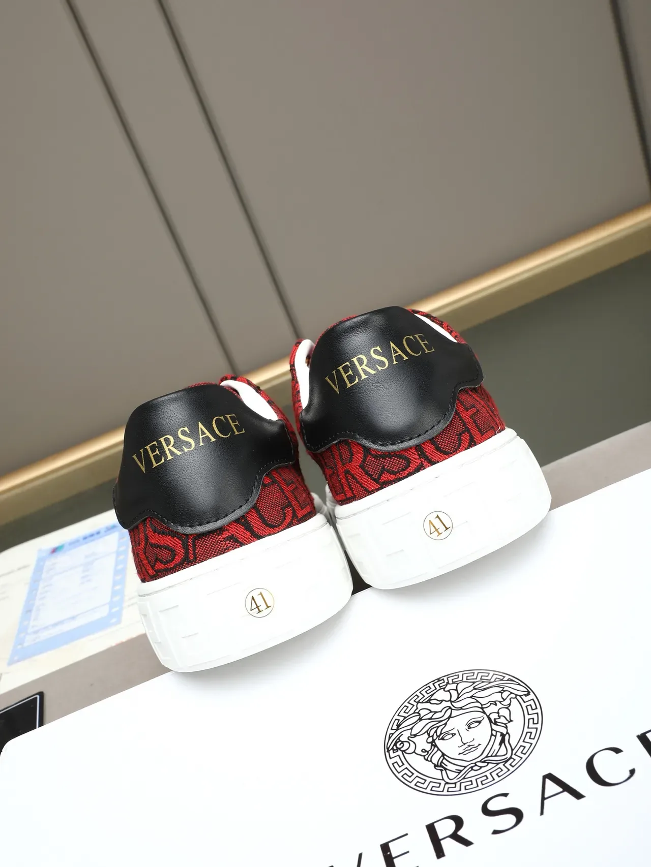 Versace Red White Monogrammed Textile Upper Greek Key Sole Pattern Lifestyle Sneakers 4