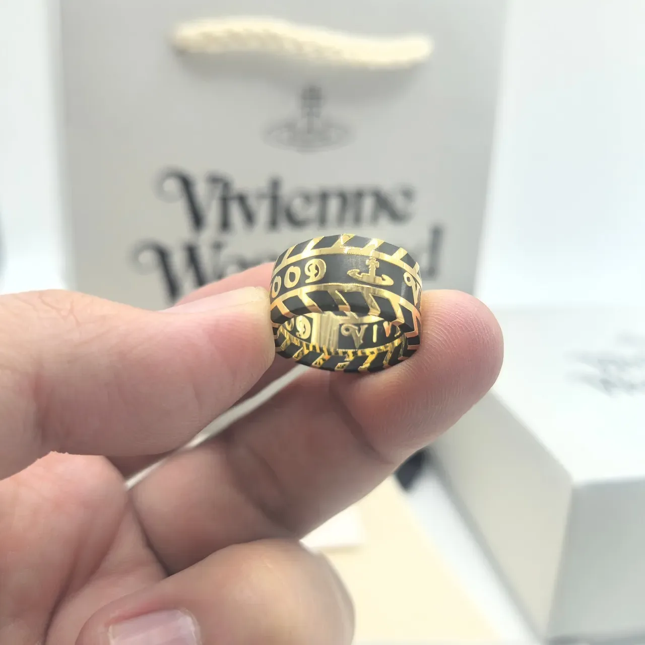 Vivienne Westwood Orb Logo Ring Black Gold Enamel Stacked Band Rings 5