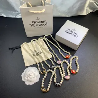 Vivienne Westwood Orb Pearl Necklace Multicolor Enamel Charm Necklaces