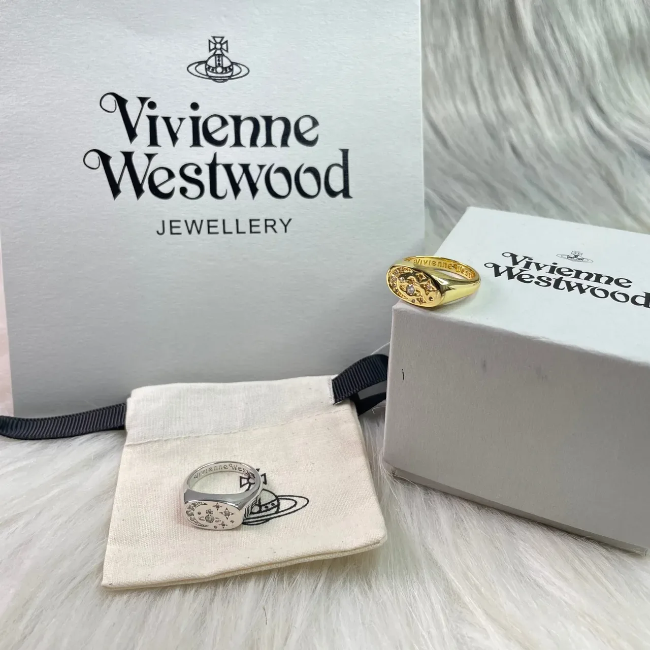 Vivienne Westwood Orb Signet Ring Silver and Gold Crystal Enamel Rings 7