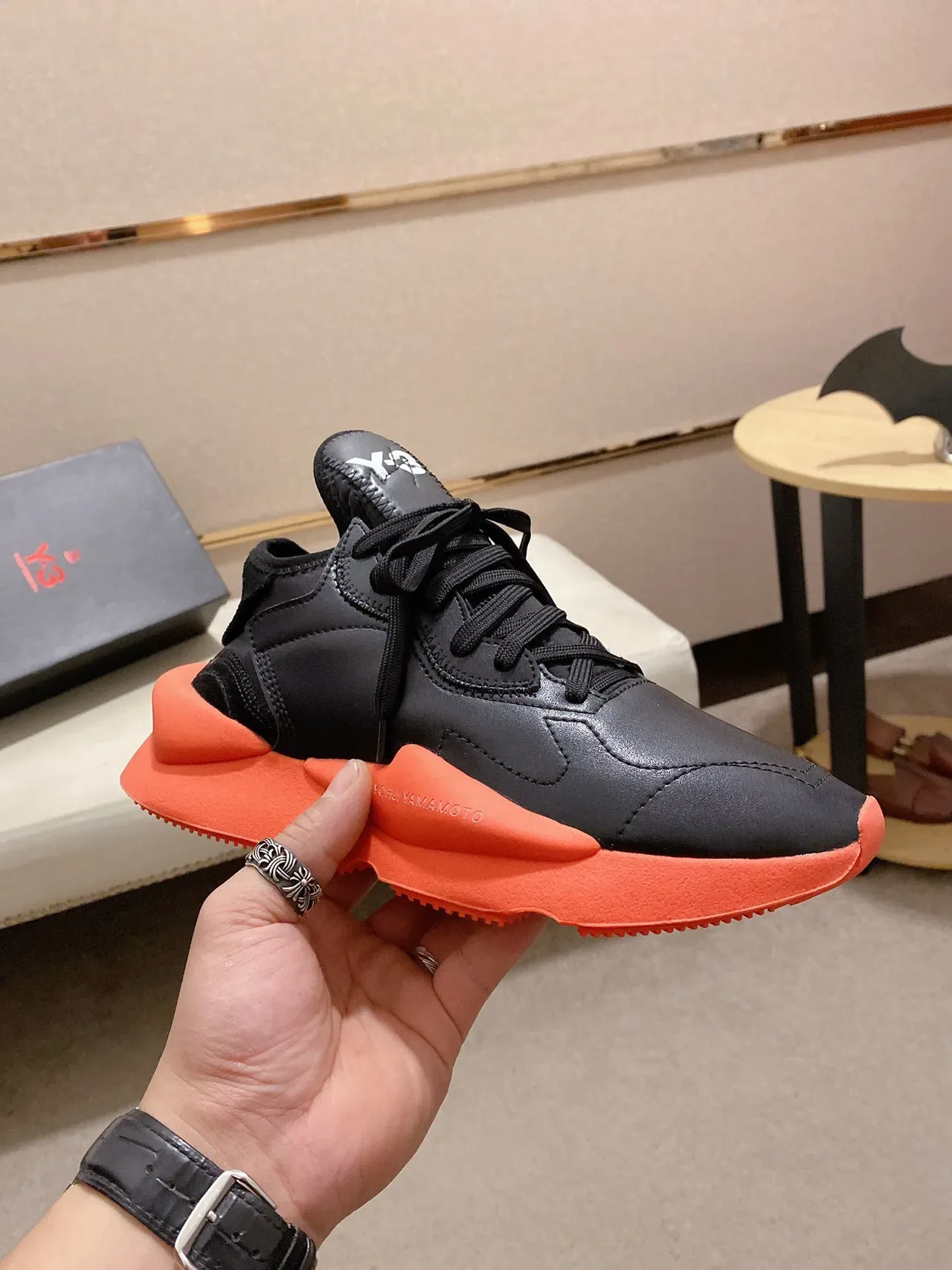 Yohji Yamamoto Black Orange Sculpted Midsole Matte Leather Upper Chunky Sneakers 7