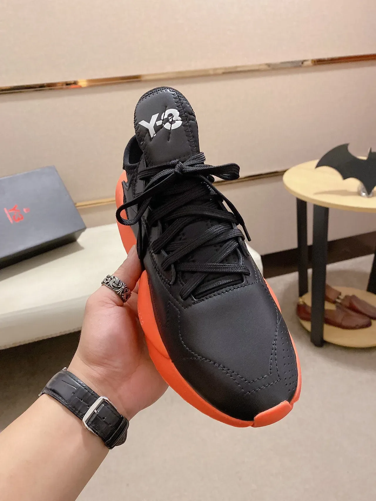 Yohji Yamamoto Black Orange Sculpted Midsole Matte Leather Upper Chunky Sneakers 9