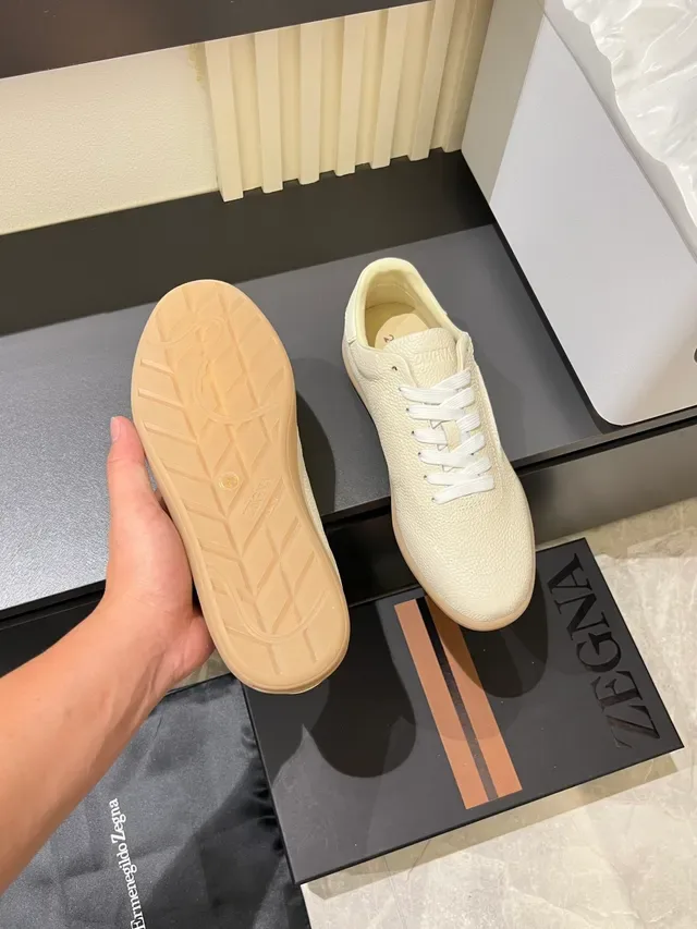 Zegna Beige Blanc Cuir Grainé Partie Supérieure Semelle Caoutchouc Sneakers Lifestyle 3