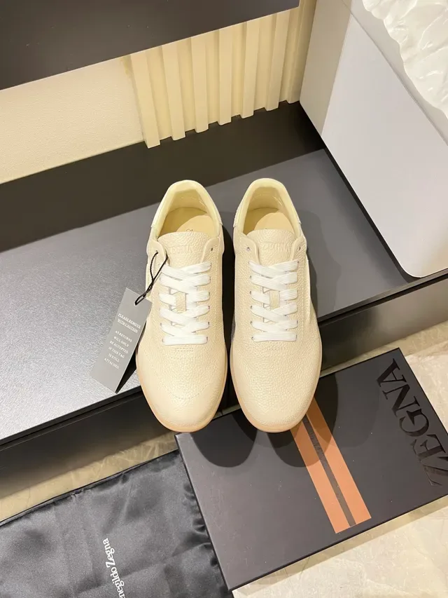 Zegna Beige Blanc Cuir Grainé Partie Supérieure Semelle Caoutchouc Sneakers Lifestyle 5