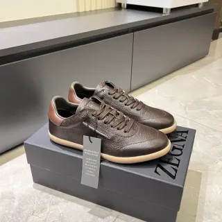 Zegna Brown Beige Pebbled Leather Gum Sole Lifestyle Sneakers