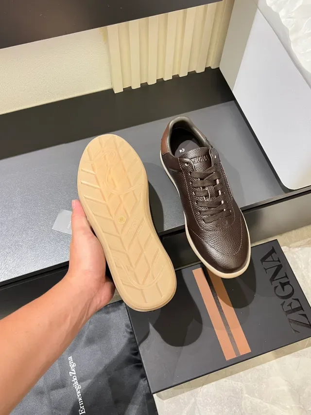 Zegna Marrom Bege Couro Pebblado Solado de Borracha Tênis Lifestyle 3