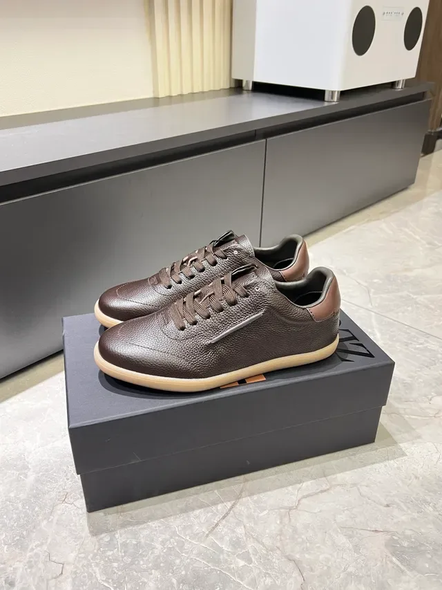 Zegna Marrom Bege Couro Pebblado Solado de Borracha Tênis Lifestyle 4