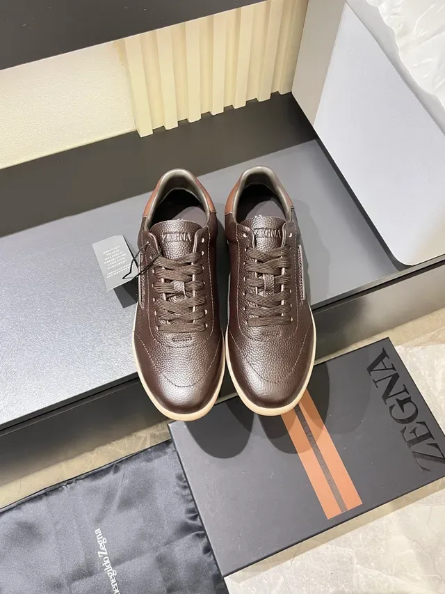 Zegna Marrom Bege Couro Pebblado Solado de Borracha Tênis Lifestyle 5