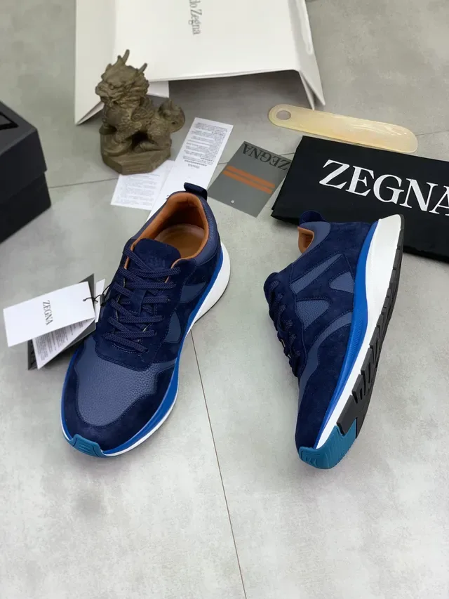 Zegna Navy and Blue Mixed-Material Lifestyle Sneakers 3