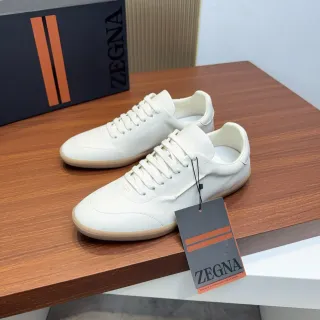 Zegna White Beige Smooth Leather Upper Minimal Stitching Lifestyle Sneakers