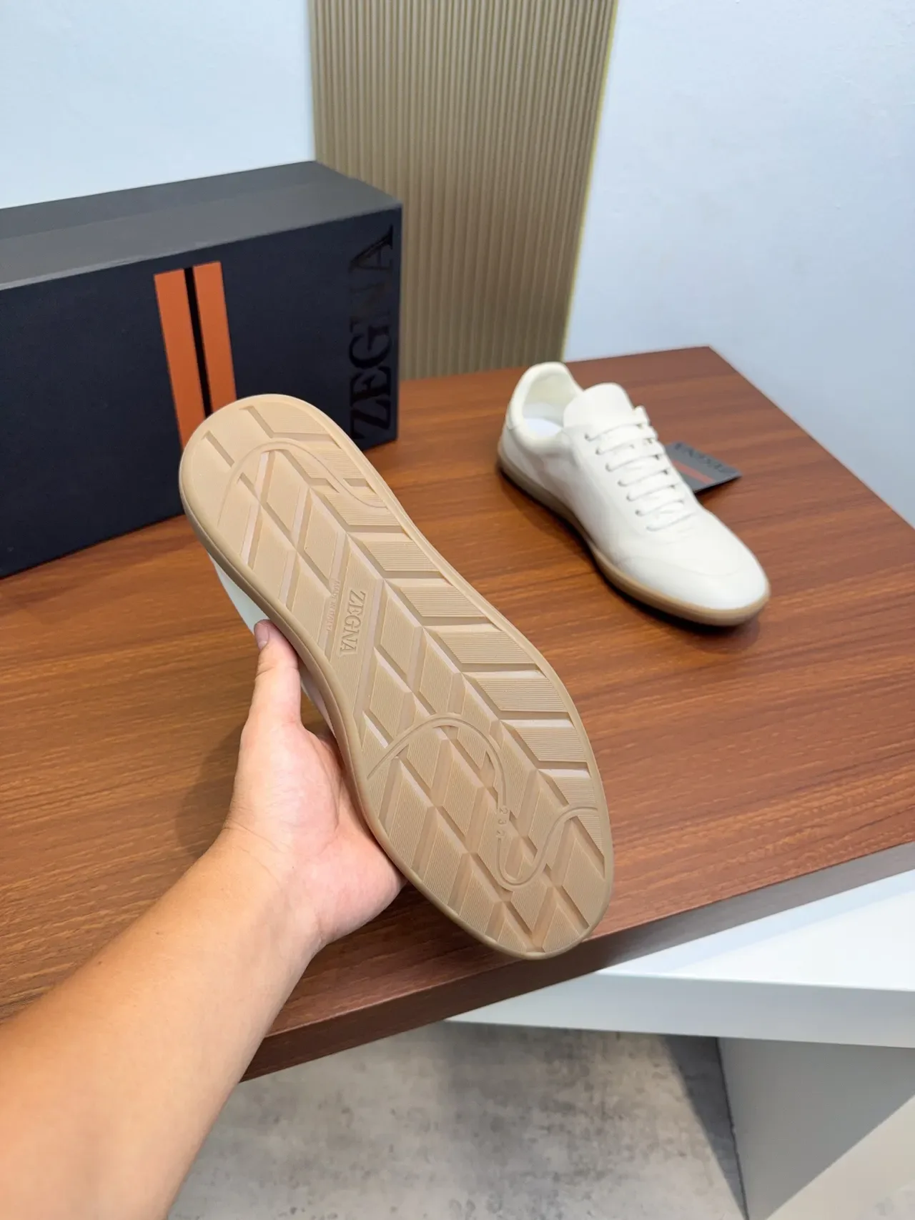 Zegna Branco Bege Couro Suave Superior Costura Mínima Sneakers Lifestyle 2
