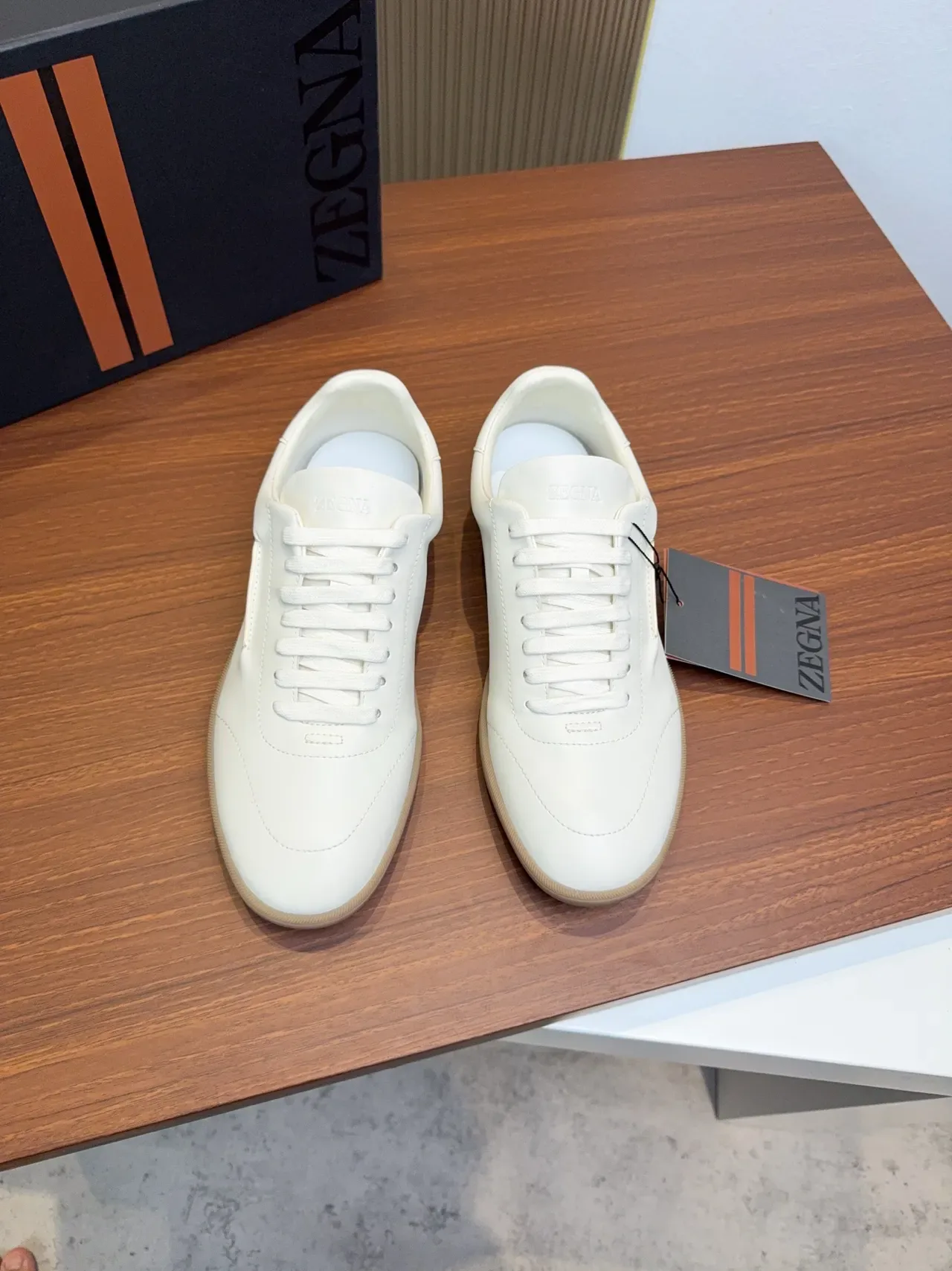 Zegna Branco Bege Couro Suave Superior Costura Mínima Sneakers Lifestyle 4