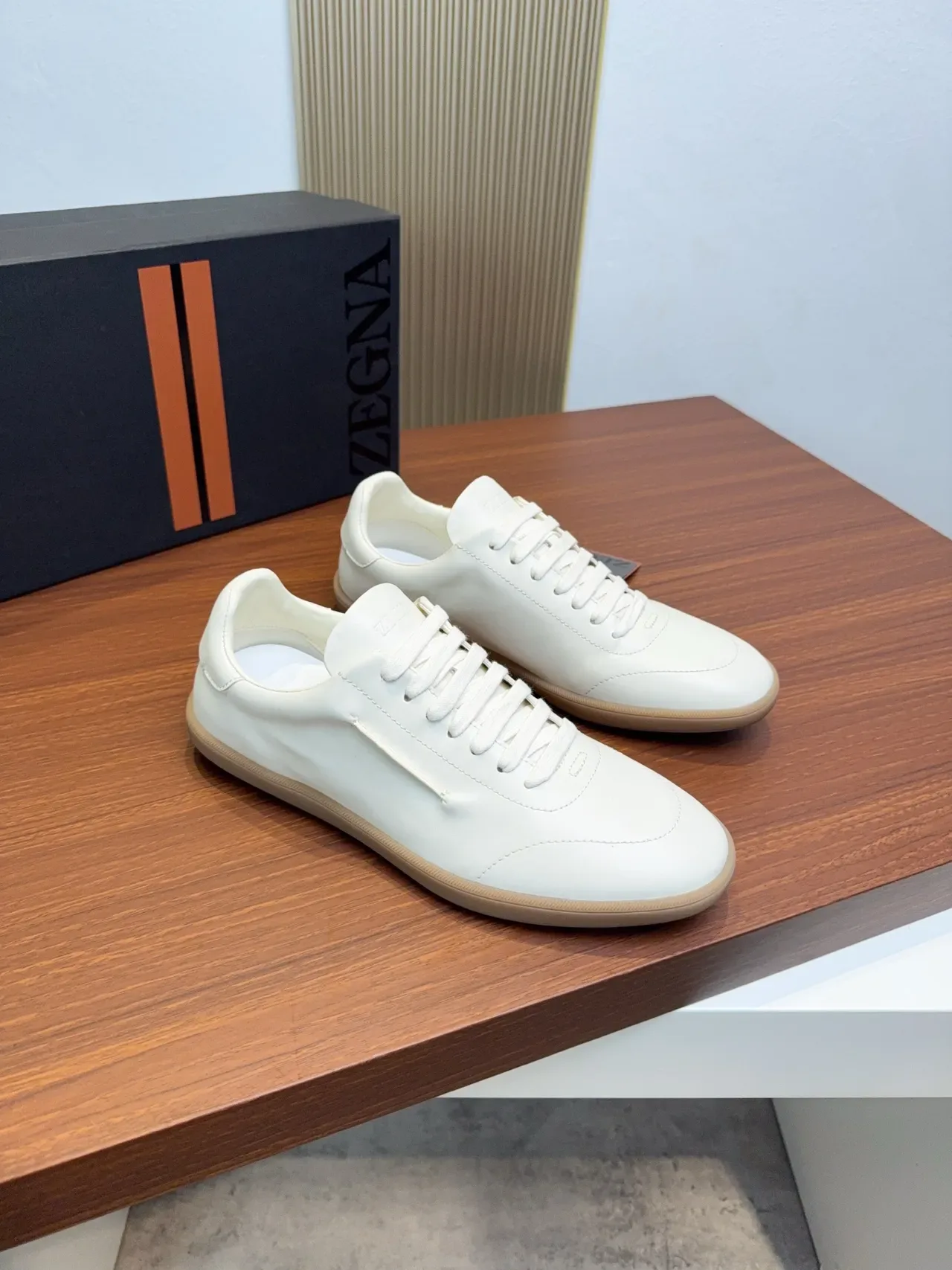 Zegna Branco Bege Couro Suave Superior Costura Mínima Sneakers Lifestyle 5
