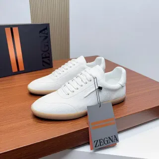 Zegna White Beige Textured Upper Gum Rubber Sole Lifestyle Sneakers