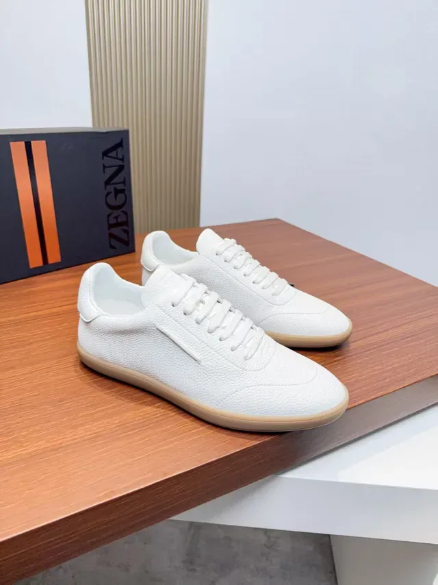 Zegna White Beige Textured Upper Gum Rubber Sole Lifestyle Sneakers 4
