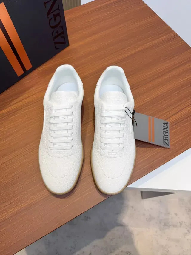 Zegna White Beige Textured Upper Gum Rubber Sole Lifestyle Sneakers 5