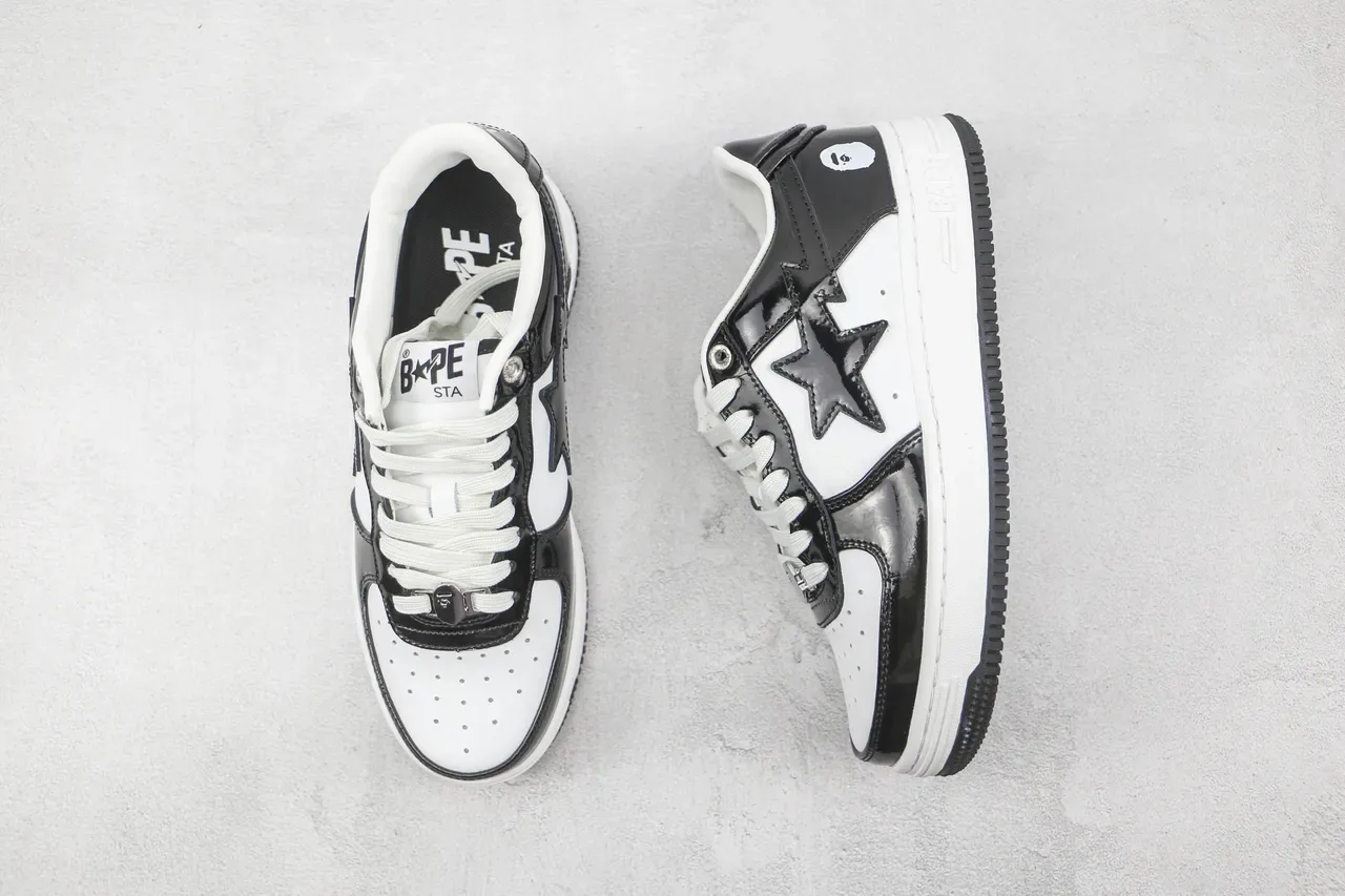 A Bathing Ape BAPE STA أسود وأبيض جلد لامع حذاء لايف ستايل 3