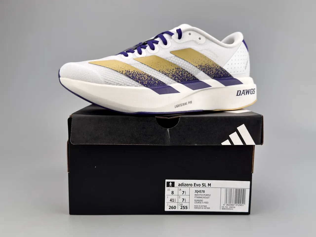 Adidas Adizero Evo SL Chaussures de running blanches violettes dorées 4