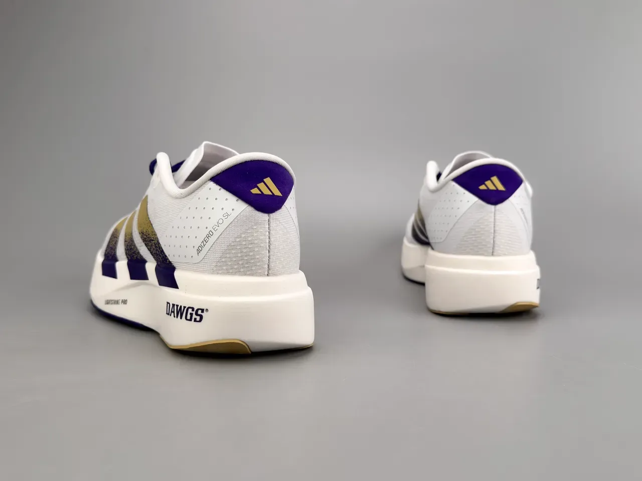 Adidas Adizero Evo SL Chaussures de running blanches violettes dorées 6
