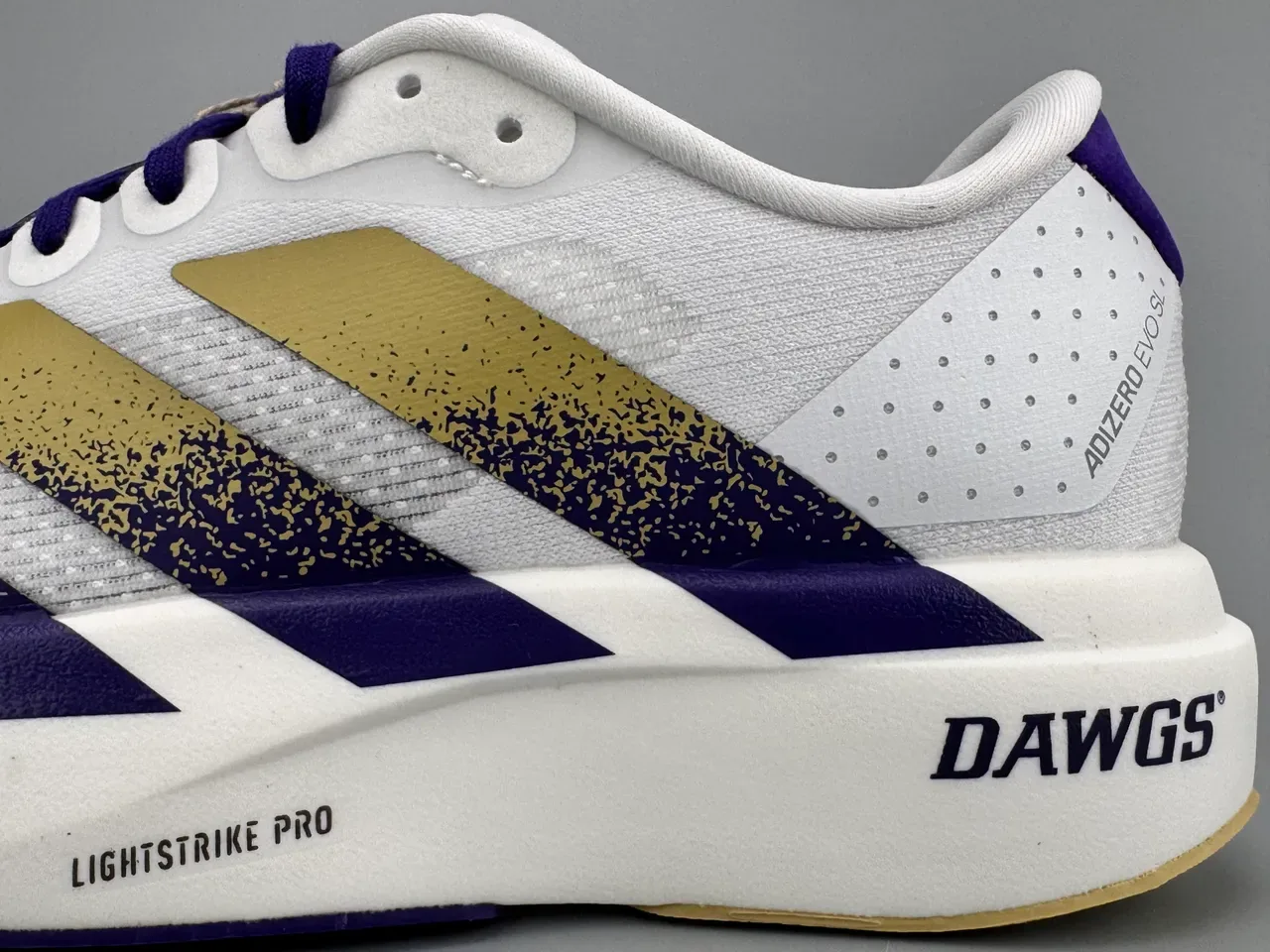 Adidas Adizero Evo SL Chaussures de running blanches violettes dorées 7