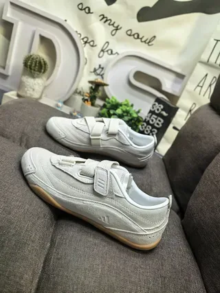 Adidas Beige White Laceless Velcro Strap Closure Suede-Like Upper Lifestyle Sneakers 7