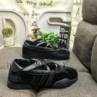 Adidas Black Velvet Upper Three-Stripe Side Detail Mary Jane Shoes