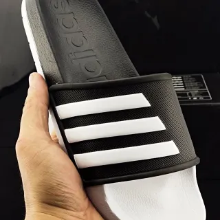 Adidas Black White Molded EVA Sole Perforated Mesh Strap Slippers