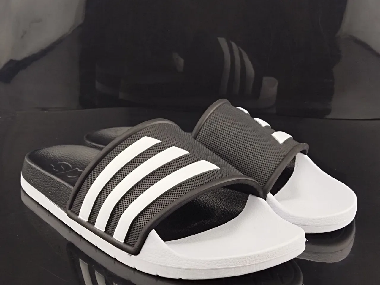 Adidas Black White Molded EVA Sole Perforated Mesh Strap Slippers 4